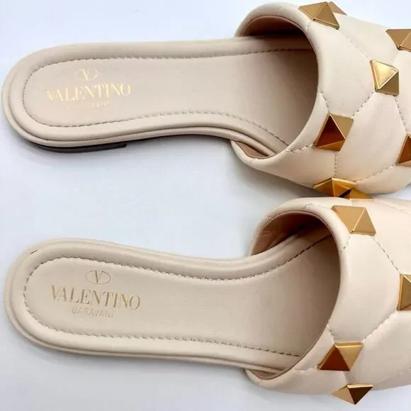 Valentino Garavani Roman Stud Flat Sandals White Leather Studded Slides EU 38.5 - Picture 4 of 13